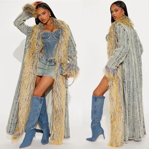 Faux Fur Trim Denim Duster Coat in Light Blue & Beige - M - NWOT